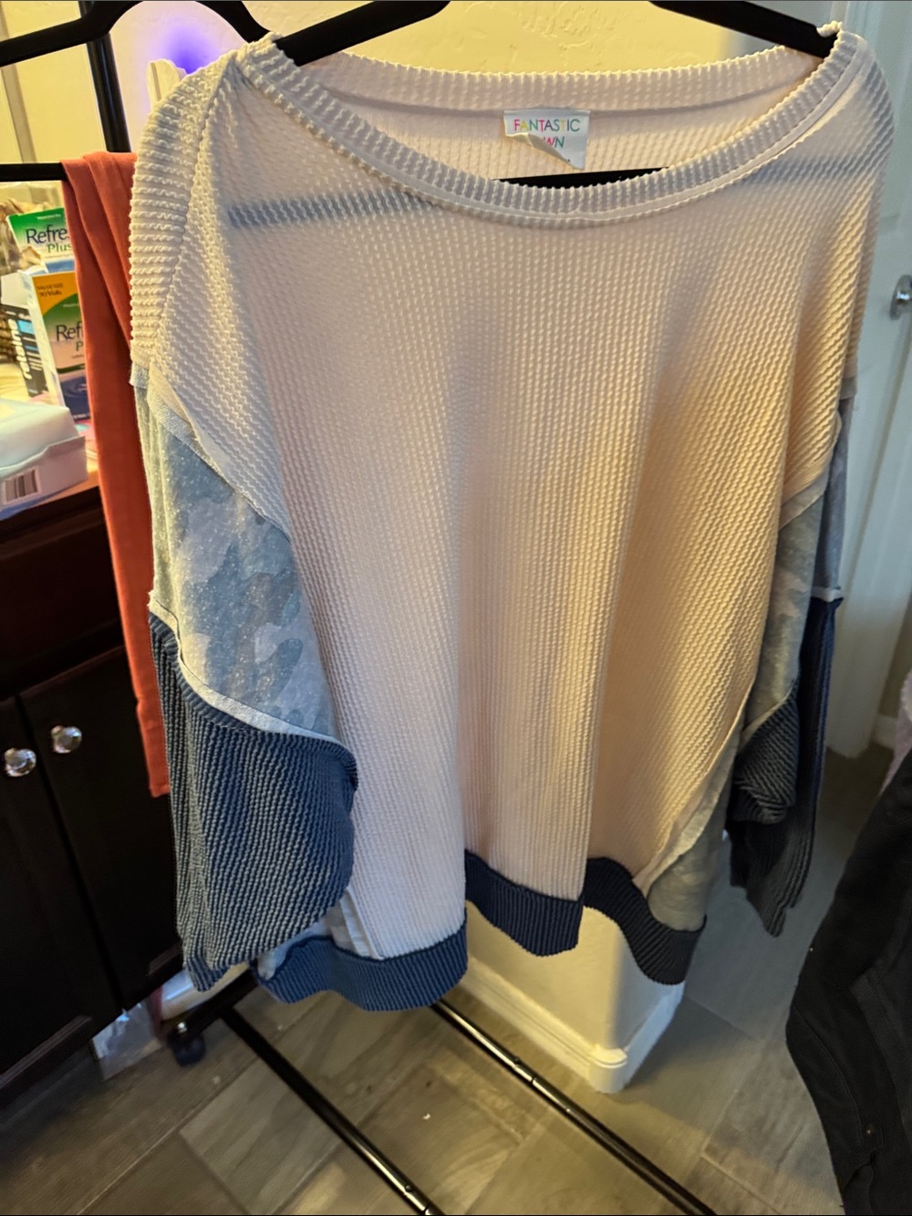 Fantastic Fawn Blue and Cream Colorblock Waffle-Knit Pullover